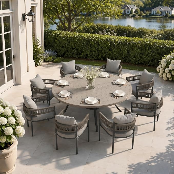 VICLLAX Patio Dining Set, 63" Grey Table & 6 Chairs with Grey Cushion | Outdoor Table and Chairs Set of Round Metal Patio Table, Outdoor Dining Chairs with Metal Frame, Garden Deck Porch