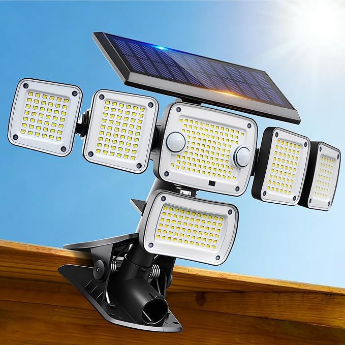 Solar Flood Lights Outdoor,6000LM 336 LEDs Dual Clip on Motion Sensor Lights with 360° Wide Angle &3 Modes, IP65 Waterproof Security Lights for Yard Patio Garage Garden,1Pack