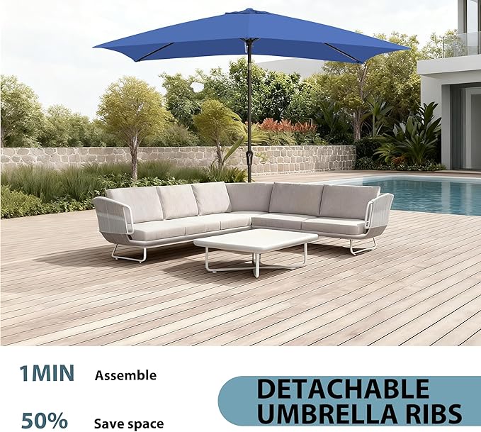 6.5x10FT Rectangular Patio Umbrella with Push Button Tilt & Crank Lift for Garden,UV Protection Outdoor Umbrella for Deck,Pool and Yard,Blue