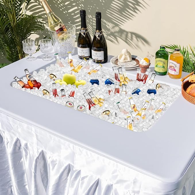 S AFSTAR 4 Foot Folding Ice Table, Buffet Salad Serving Table with Foldable Bucket, Removable Skirt, Drain System & 8" Spacious Edge, Portable Beverage Cooler for Party Camping Picnic Wedding