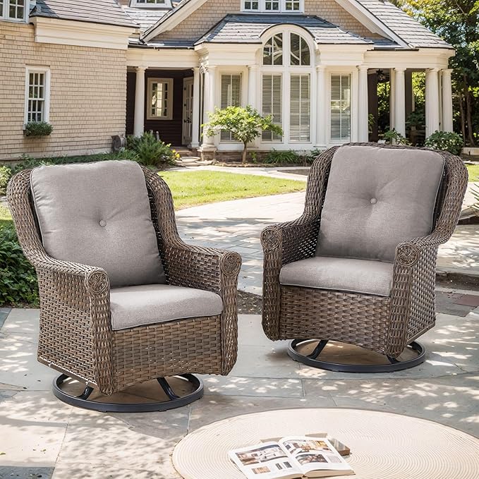 Patio Swivel Chairs Set of 2-High Back Swivel Rocker Outdoor Chair Patio Chair for Deck Porch Lawn Garden Backyard-Brown/Grey