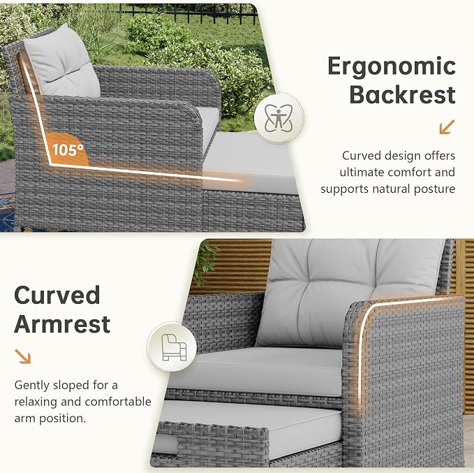 LHBcraft 5 Piece Outdoor Furniture Set, PE Rattan Balcony Furniture with Soft Cushions, Patio Set 2 Ottoman & Table for Porch, Lawn, Garden, Grey