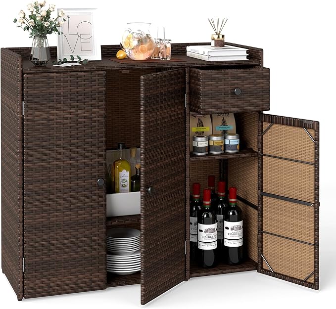 Tangkula Rattan Outdoor Storage Cabinet, Patiojoy Outdoor Cabinet with 2 Adjustable Shelves, 1 Drawer, 3 Doors, Patio Storage Deck Box Table for Patio Garden Poolside
