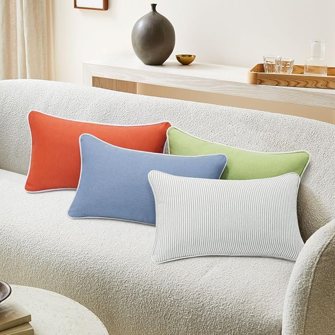 Unimatta Decorative Outdoor Water Repellent Throw Pillows with Inserts, Set of 4, 20" x12" Pillows for Patio, Backyard, Bed, Couch, and Patio Furniture, Tan Stripe