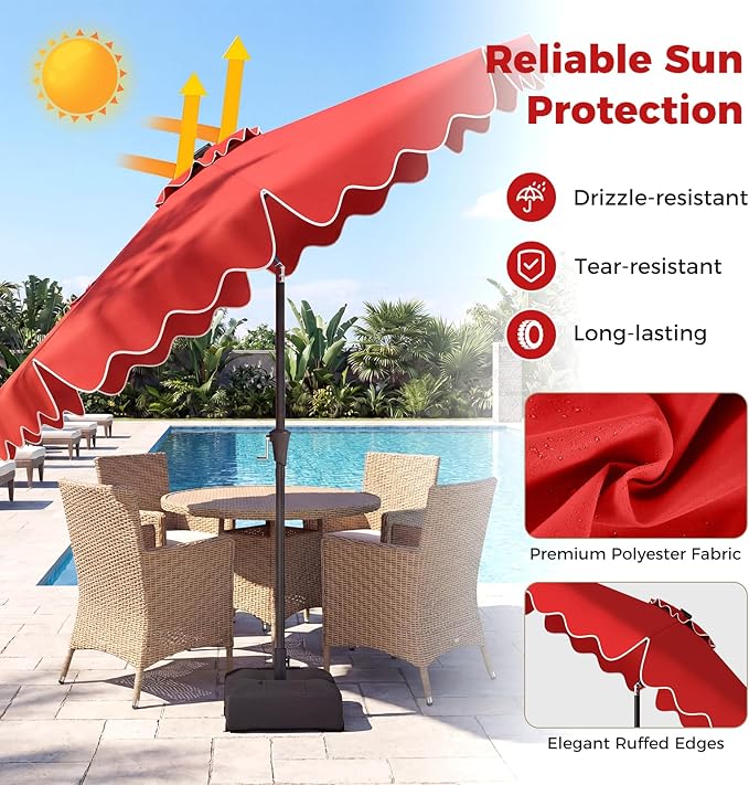 Tangkula 10 FT Solar Patio Umbrella with Base Included, 2-Tiers Outdoor Scalloped Table Umbrella with 32 LED Lights, 2 Sandbags, Tilt Adjustment, Crank, 8 Ribs for Market Backyard Pool Deck Beach Lawn (Red, 10 FT)