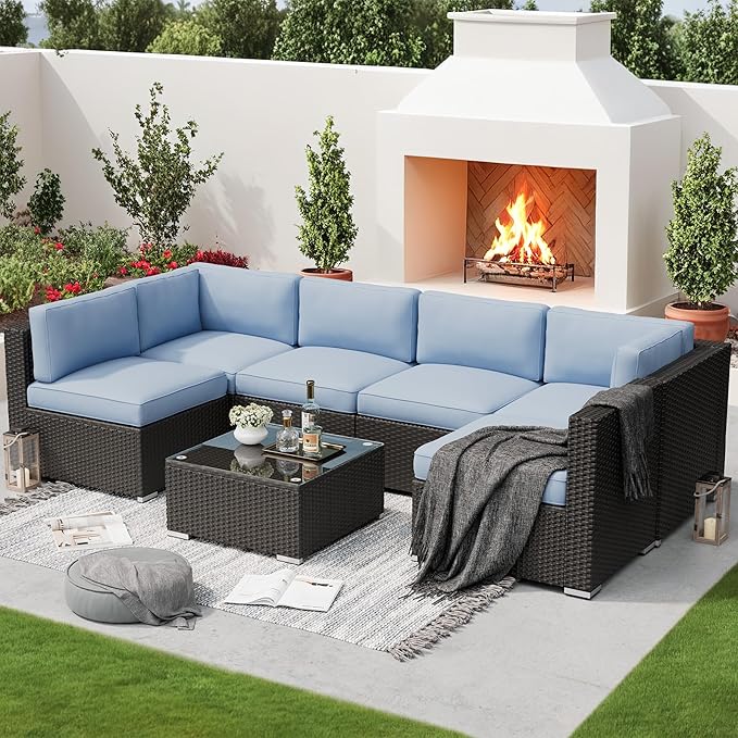SUNCROWN 7-Piece Outdoor Patio Furniture Sofa Set All-Weather Wicker Sectional Conversation Set with Modern Glass Coffee Table, Cushions and Waterproof Cover,Light Blue