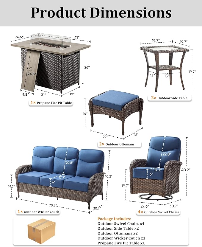 10-Piece Luxury Patio Furniture Set with 42.5" Fire Pit Table, Outdoor Wicker Sofa Couch & Swivel Rocker Chairs with 6-inch Thick Cushion, Conversation Set for Poolside, Deck & Yard - Blue