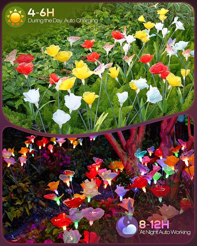 Solar Garden Lights Outdoor Waterproof 2 Pack Swaying Butterfly Light with 7- Color Changing Rose Flowers Solar Lights for Outside Garden Decor Lawn Yard Patio Path,Gifts for Mother's Day Women