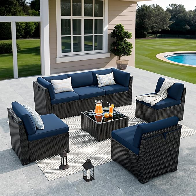 Patio Furniture Set, 7 Pieces Outdoor Sectional Sofa Set with Waterproof Cover, Black PE Wicker Rattan Slanted Back Outdoor Conversation Set with Cushions and Glass Coffee Table, Navy Blue