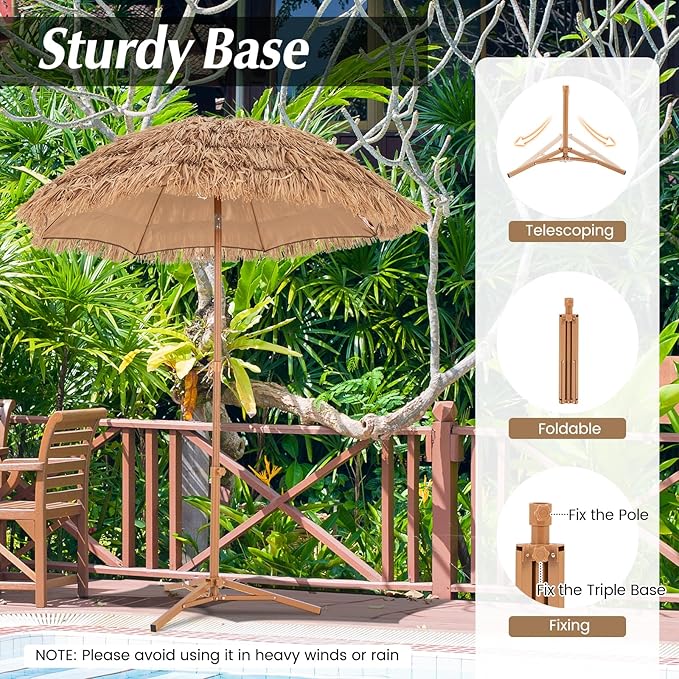 RELAX4LIFE 6.5FT Tiki Patio Umbrella with Base - Hawaiian Style Tilt Beach Umbrella w/8 Ribs, Foldable Stand, Carry Bag, Tropical Palapa Grass Pool Umbrellas, Hula Thatched Tiki Umbrella Outdoor Patio