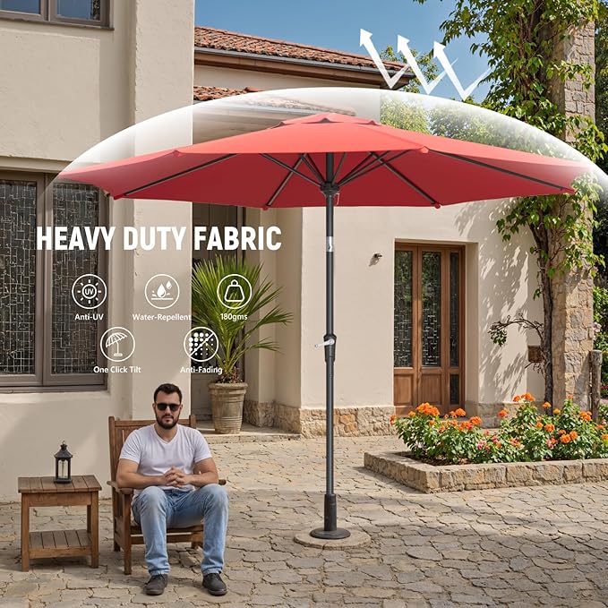 Outdoor Patio Umbrella with One Push Button Tilt and Crank, 8 Sturdy Ribs Market Table Umbrella