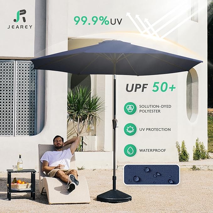 JEAREY 10FT Outdoor Patio Umbrella Outdoor Table Umbrella with Push Button Tilt and Crank, Market Umbrella 8 Sturdy Ribs UV Protection Waterproof for Pool, Garden (Dark Blue)