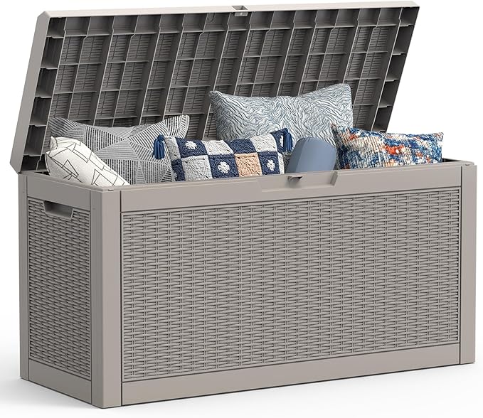 Mars Villa 60 Gallon Outdoor Storage Bench, Deck Box Waterproof Outside Resin Storage Bin for Outdoor Patio Furniture Cushion, Pool Supply, Garden Tool, UV-Resistant and Weatherproof, Rattan Greige