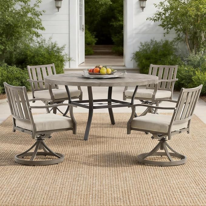 PEAK HOME FURNISHINGS Outdoor Aluminum Dining Set, 60" Round Dining Table with 4 Swivel Dining Chairs