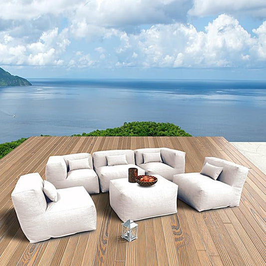 ANNYH CALALUNA 6Pc PATIO Furniture Sectional Conversation Set. Combines 3Middle, 2Corner, 1Ottoman/Coffee OUTDOOR Exp Foam Filled CHAIRS UNIQUE Modular Contemporary Sofa for Pool Garden (Light Beige)