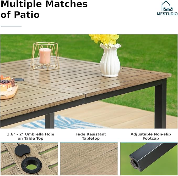 MFSTUDIO Outdoor Dining Sets for 6, Patio Metal Table and Chairs Set, 7 Pieces All Weather Patio Wicker Dining Furniture, Outdoor Rectangular Wood-Like Table for 6, Backyard