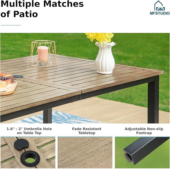 MFSTUDIO Outdoor Dining Sets for 6, Patio Metal Table and Chairs Set, 7 Pieces All Weather Patio Wicker Dining Furniture, Outdoor Rectangular Wood-Like Table for 6, Backyard