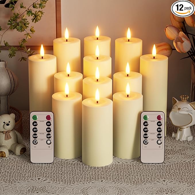 Flameless Battery Operated Candles with Remote: Set of 12 2.2''×4'' 5'' 6'' 7'' Outdoor Waterproof LED Pillar Candles with Timer Flicking Plastic for Home Decor Fireplace Wedding Tub Patio Ivory