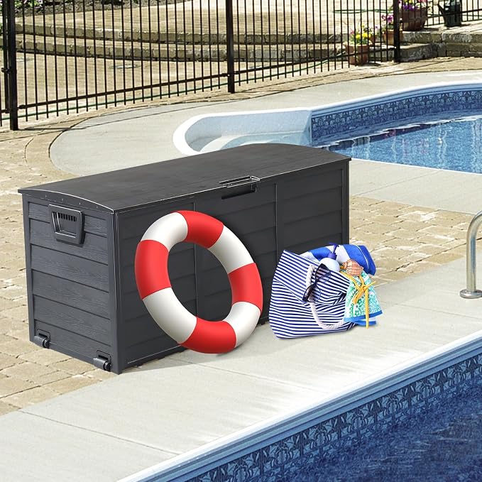 75-Gallon Outdoor Storage Bench with Wheels, Heavy-Duty Waterproof Deck Box for Patio, Garden, and Pool Organization (All black)