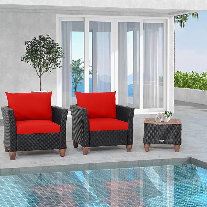 Tangkula 3 Piece Patio Furniture Set, Patiojoy Outdoor Wicker Rattan Bistro Sofa Set w/Washable Cushion, Acacia Wood Top Coffee Table, Conversation Set w/Adjustable Feet for Balcony Backyard Porch