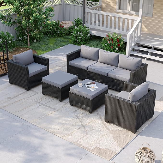 Aoxun Patio Furniture Set, 5 Piece Outdoor Sectional Sofa with Ottomans, Wicker Outdoor Furniture Conversation Sets with Waterproof Cover for Backyard Grey