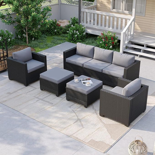Aoxun Patio Furniture Set, 5 Piece Outdoor Sectional Sofa with Ottomans, Wicker Outdoor Furniture Conversation Sets with Waterproof Cover for Deck Backyard Grey
