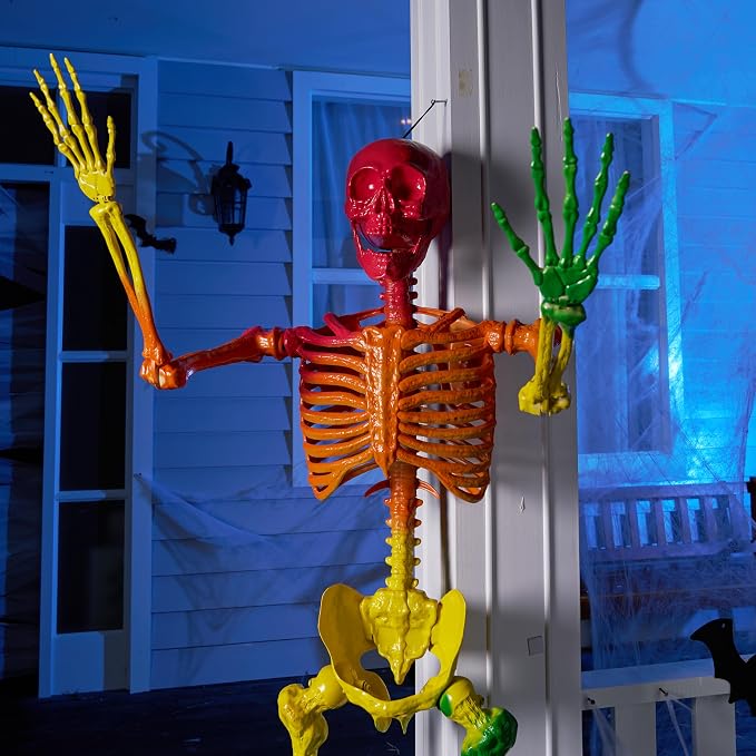 JOYIN 5.6 FT Halloween Posable Life Size Skeleton, Full Body Realistic Bones with Movable Joints, Rainbow Color Giant Skeletons for Halloween Decoration Outdoor, Haunted House Prop, Spooky Scene Party