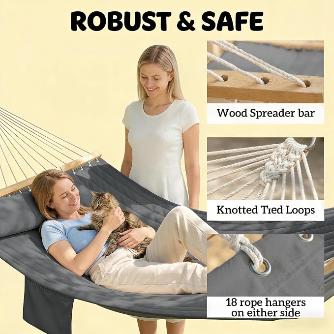 Penau Double Hammock, Quilted Patio Lounger, Gray Wood | Quilted Cotton Padding, Two-Person Lounging, Adjustable Pillow, Built-In Pocket, Balcony Patio Use
