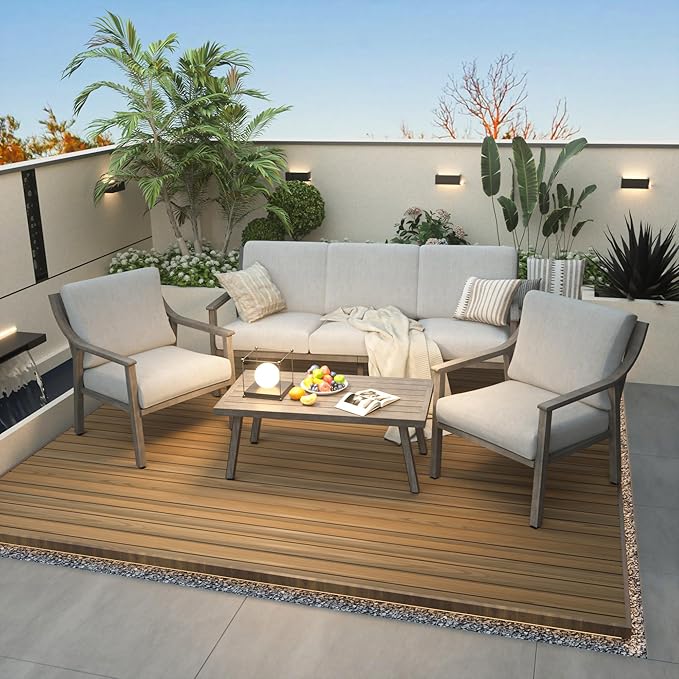 HAPPATIO 4-Piece Outdoor Patio Furniture Set for 5, Aluminum Outdoor Conversation Set Includes 1 Three-Seater Sofa, 2 Armchairs, and 1 Coffee Table, Perfect for Porch, Deck, Garden, (Grey)