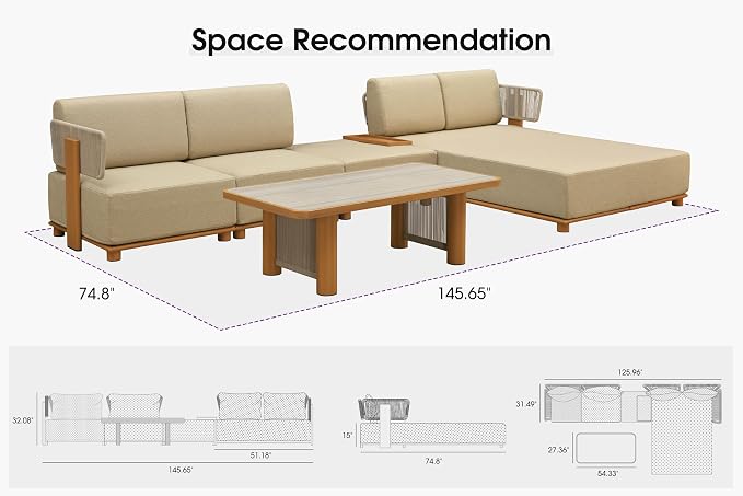 PURPLE LEAF Patio Furniture Set L-Shaped Outdoor Sectional Sofa with 11" Thick Cushion 5-Piece Outdoor Conversation Set w/Daybed & Coffee Lights for Backyard Poolside Ottoman & Table Included, Beige
