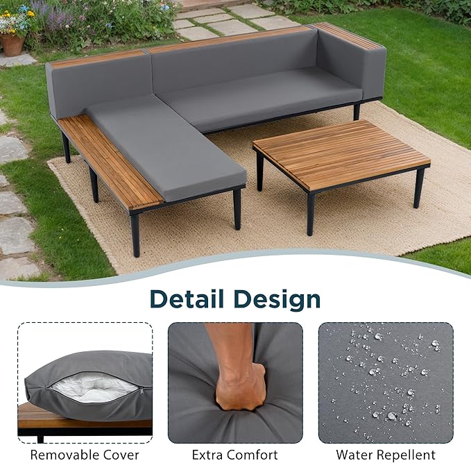 Luxury Outdoor Patio Furniture Set, L-Shaped Acacia Wood Sectional Sofa with Side Table, All-Weather Conversation Set with Removable Cushions and Coffee Table for Backyard Porch (Gray-4.20)