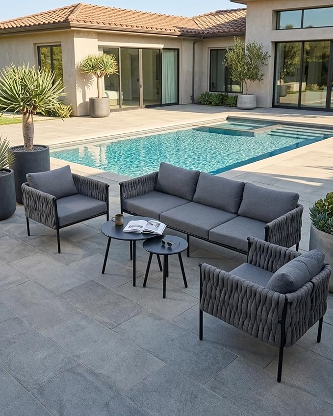 5 Piece Patio Furniture Set, Woven Rope Outdoor Furniture Couch with 2 Round Coffee Tables, All Weather Patio Conversation Sets with Oversized 3-Seater Sofa & Washable Cushions for Backyard