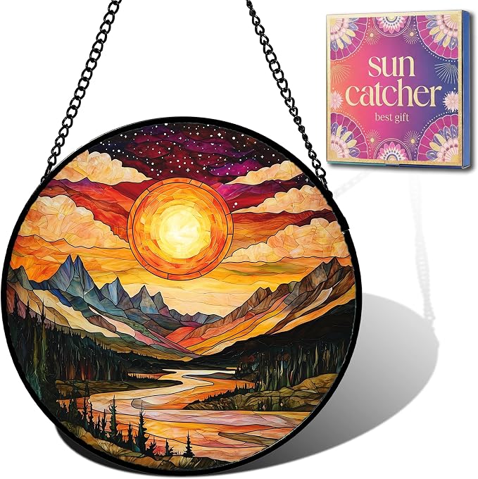Birthday Gifts for Women - Sunset Mountains River Faux Stained Glass Window Hanging Sun Catcher for Door Garden Acrylic Decor Mother's Day Christmas for Mom Nana Men Grandma Wife 7.8"