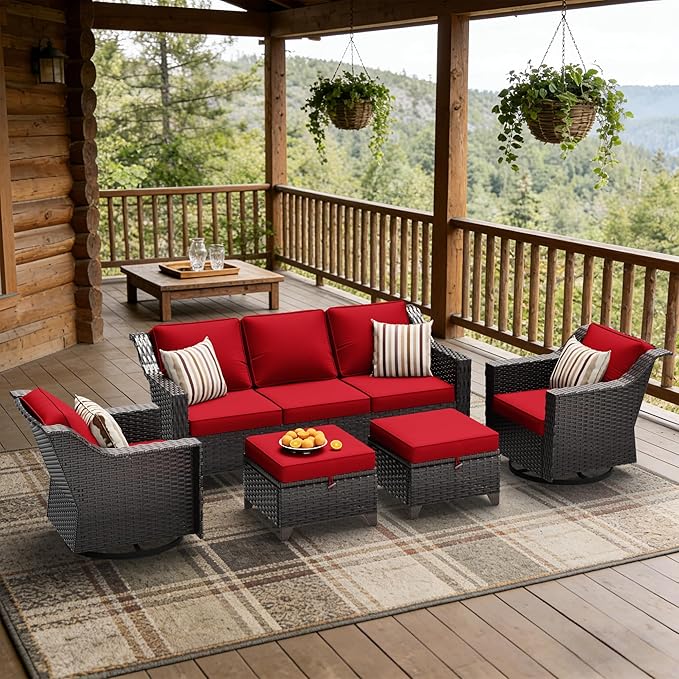 5 Pieces Patio Conversation Furniture Set - 1 Sofa, 2 Swivel Chairs, 2 Ottomans, Outdoor Wicker Furniture with Removable Cushions for Porch, Balcony, Sunroom (Red)