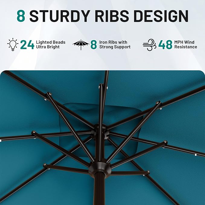 AreShark 8' X 10' Rectangular Patio Umbrella with Solar Lights, Lighted Solar Umbrella with Crank, Outdoor Table Umbrella for Garden, Deck, Backyard, Pool and Beach, Lake Blue