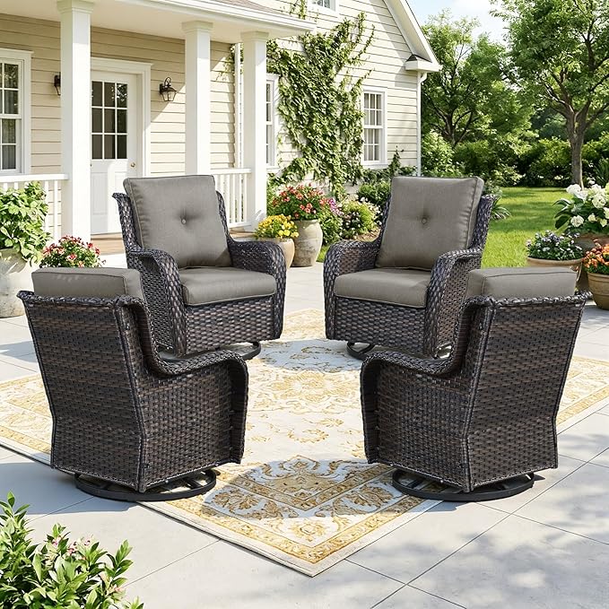 Wicker Patio Furniture Set- 4 Pieces Swivel Patio Chairs,PE Rattan Outdoor Rocking Chairs Porch Furniture for Garden Deck