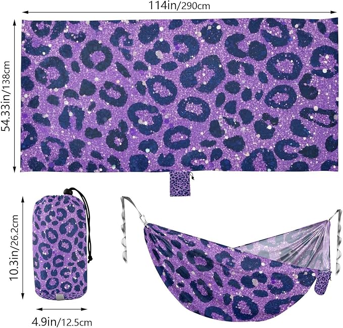 Fake Glitter Leopard Print Lavender 330lb Capacity Outdoor Hammock with Tree Straps Fabric Hammock for Outside Beach Patio Garden Base para hamaca