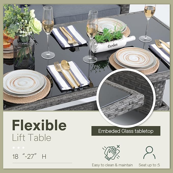 SUNSITT Outdoor Patio Furniture Set 4 Piece Wicker Conversation Set with Lift Coffee Table Sectional Dining Set 3 Seat Sofa Couch with Club Chair, Grey Wicker & Grey Cushion