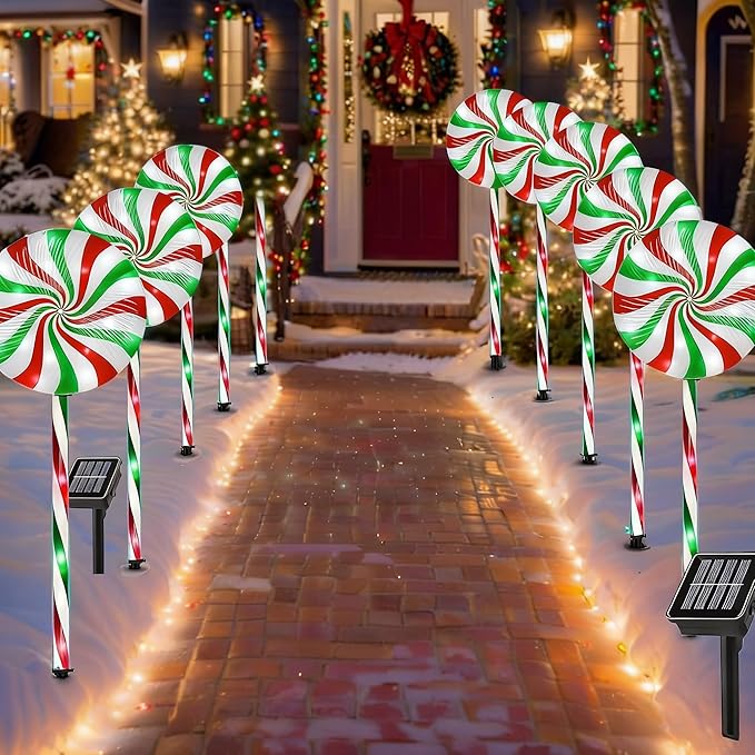 Christmas Solar Lollipop Pathway Lights 5 Pack Outdoor Candy Cane Stake Light with Bow Waterproof Walkway Xmas Outsides Garden Yard Lighting Landscape Decorative Decoration