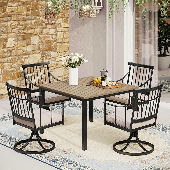 MFSTUDIO 5-Piece Patio Dining Set, Swivel Metal Chairs, Umbrella Hole | 42" Square Wood-Look Metal Table, Black, Removable Cushions