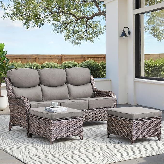 Luxury 3 Pieces Patio Furniture Sets-All Weather Wicker Rattan 3-Seat Sofa Set with Comfy 6" Cushion, Multifunctional Ottomans Patio Conversation Set for Deck Backyard Garden(Brown/Grey)