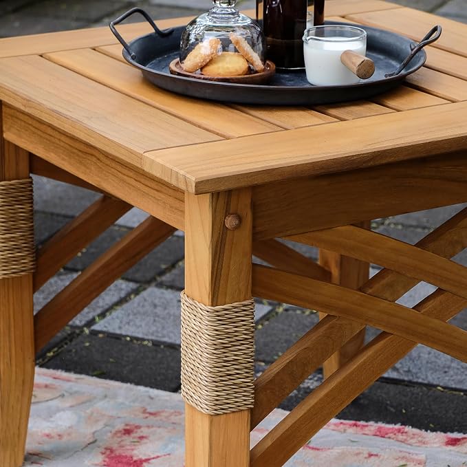 Cambridge Casual Solid Teak Wood Sierra Square Side Table with Shelf, Side Table with X Detail and Honey Twist Wicket, Perfect Pairing with Outdoor Chat Set, Conversation Set, or Patio Lounge Chair