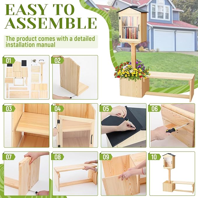 Wonderjune 3-in-1 Little Library Box Outdoor with Bench & Planter DIY Paintable Lending Free Library Pine Wood Neighborhood Share Box Ground Mount Kit for Yard Garden Community School(Wood)
