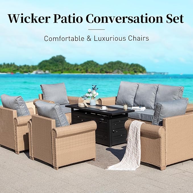 Patio Furniture Set 2 pcs, Wicker Rattan Outdoor Sofa Furniture with 5.5” Thick Cushions, 2 Chairs Outdoor Conversation Set for Garden Backyard Deck, Grey