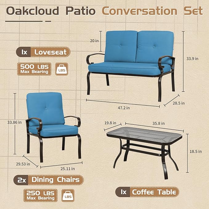 Oakcloud 4Pcs Metal Outdoor Furniture Patio Conversation Set (Loveseat and Coffee Table, 2 Dining Chair) -Wrought Iron Patio Chair Set with Cushions (Blue)