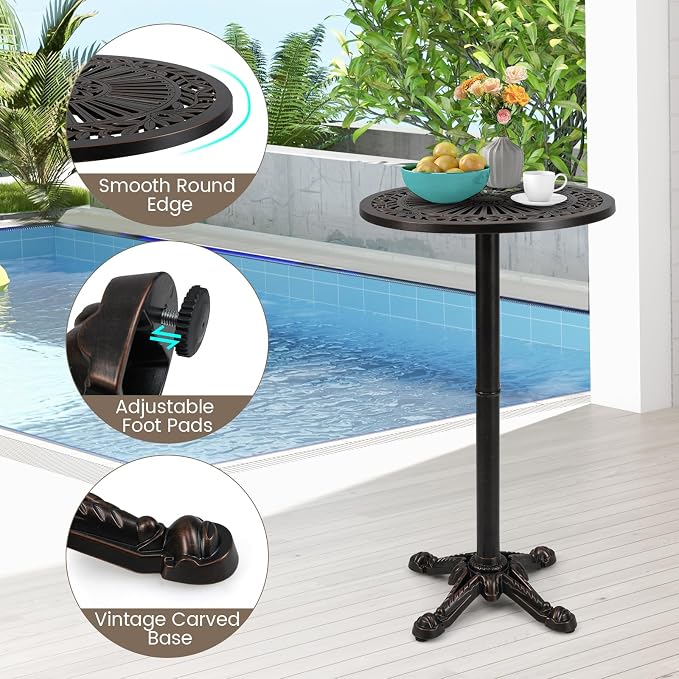 Tangkula 24" Outdoor Round Bar Table, Cast Aluminum Heavy Duty Patio High Table with Stable Cross-Shaped Base, for Garden Porch Balcony or Poolside