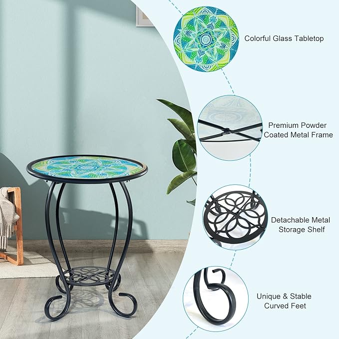 LIFFY Mosaic Outdoor Side Table, 14" Round Flower Patio Side Table with Storage Shelf, Small Bistro Coffee Table for Garden Yard Porch Living Room