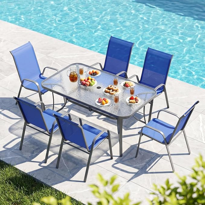 MAMIZO 7 Pieces Patio Dining Set for 6, Outdoor Table and Chairs w/Rectangle Glass Table and 6 Textilene Stackable Chairs, Patio Furniture Set w/1.69" Umbrella Hole (Grey Table & Navy Blue Chair)
