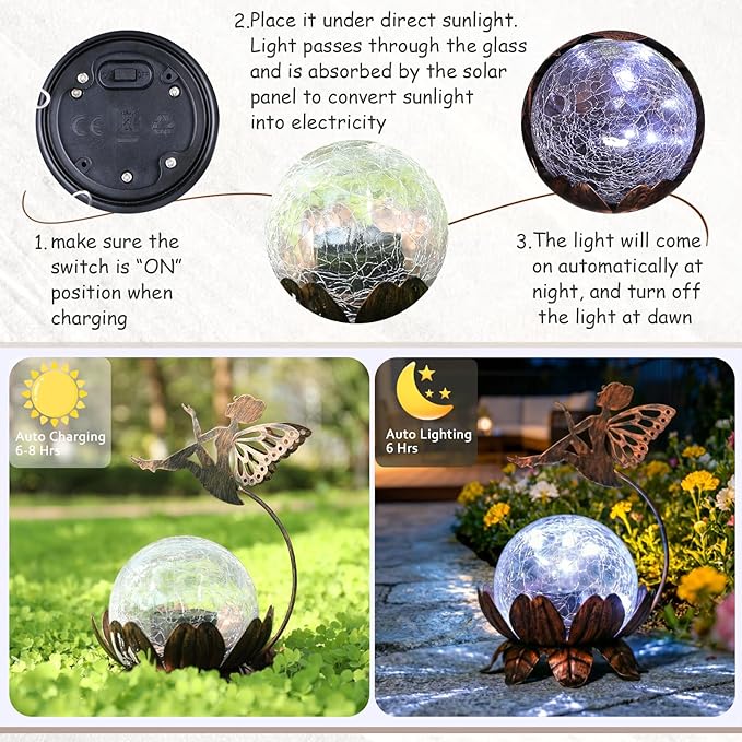 MUMTOP Solar Lantern Fairy Light, Crackle Glass Solar Lights Outdoor LED Waterproof Tabletop Lamp for Table, Yard, Garden, Patio, Lawn Decor or Mother's Day Gifts