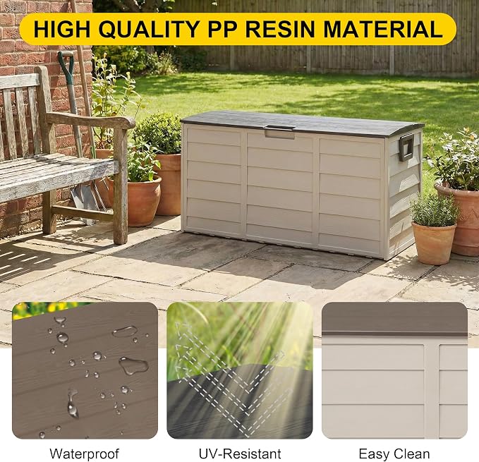 75 Gallon Resin Deck Box, Waterproof Anti-UV Lockable Outdoor Storage Bin for Patio Furniture Garden Tools, Heavy Duty Indoor Package Delivery Deck Boxes for Pillows Pool Cushions, Beige